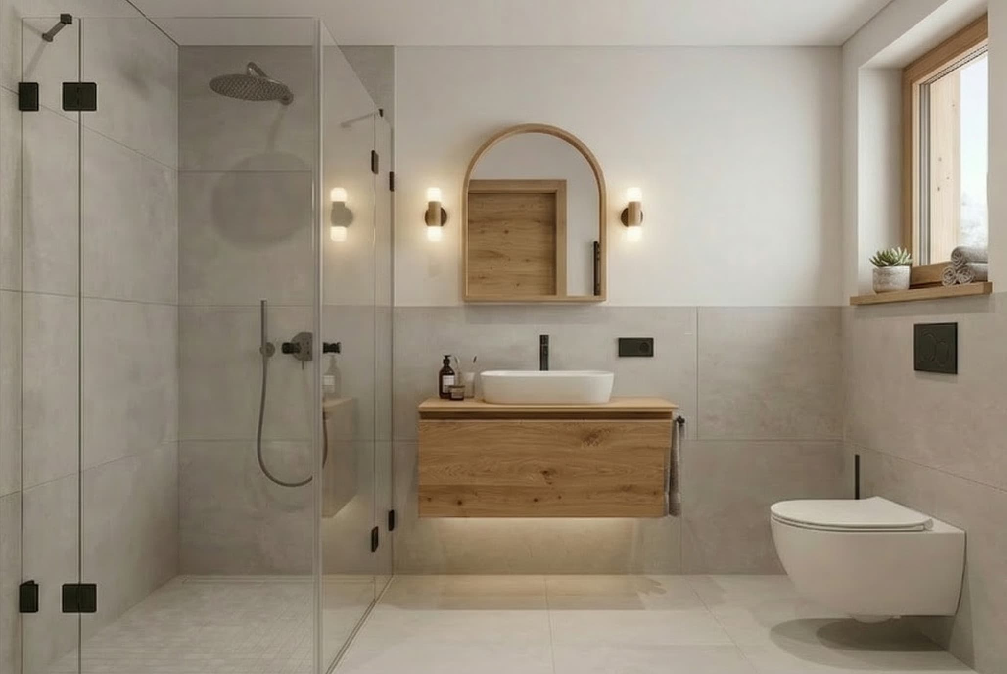 Visualisierung eines Badezimmers mit bodengleicher Dusche und Holzoberflächen